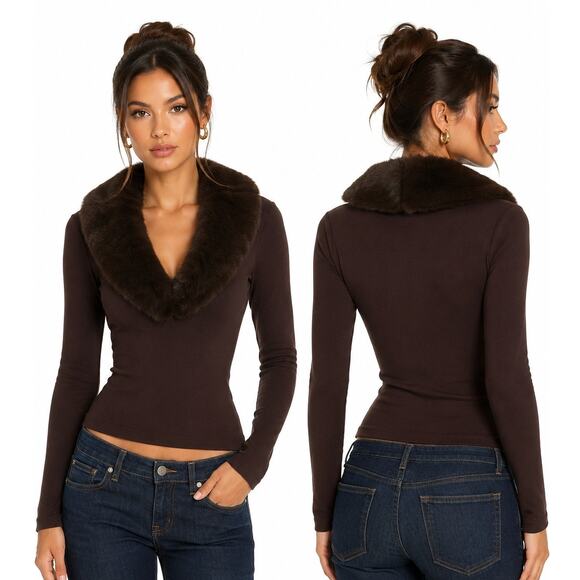 Meshki Tops - MESHKI Maeve Faux Fur Trim Women's Dark Brown Long Sleeve Size S New with Tags